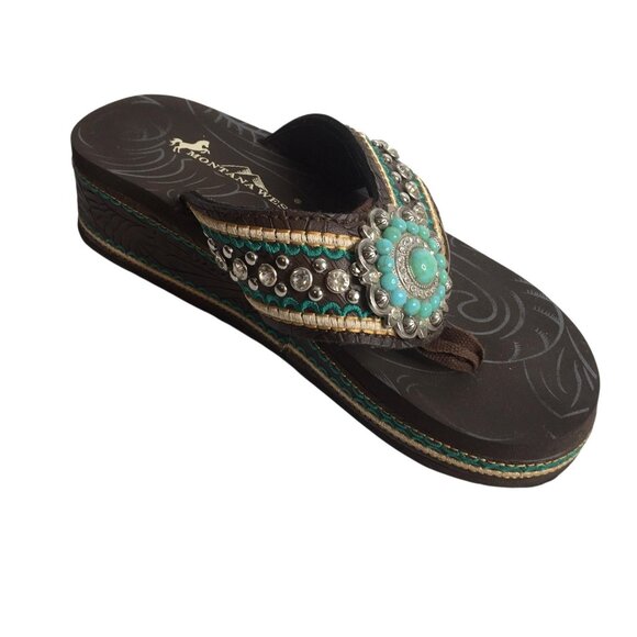 Montana West Sandals Womens Size 7 Brown Turquoise Wedge Flip Flop Rhinestone - Picture 2 of 11